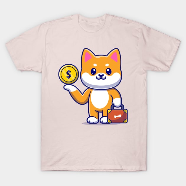 Cute Shiba Inu Dog With Gold Coin And Suitcase Cartoon T-Shirt by Catalyst Labs